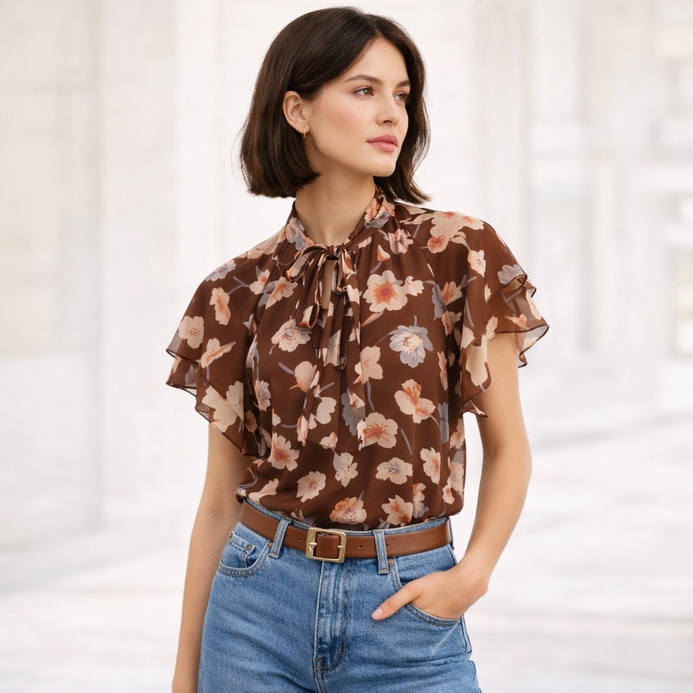 Ralph Lauren Black Label Floral Ruffle Tie Neck Sheer Flutter Sleeve Blouse XS